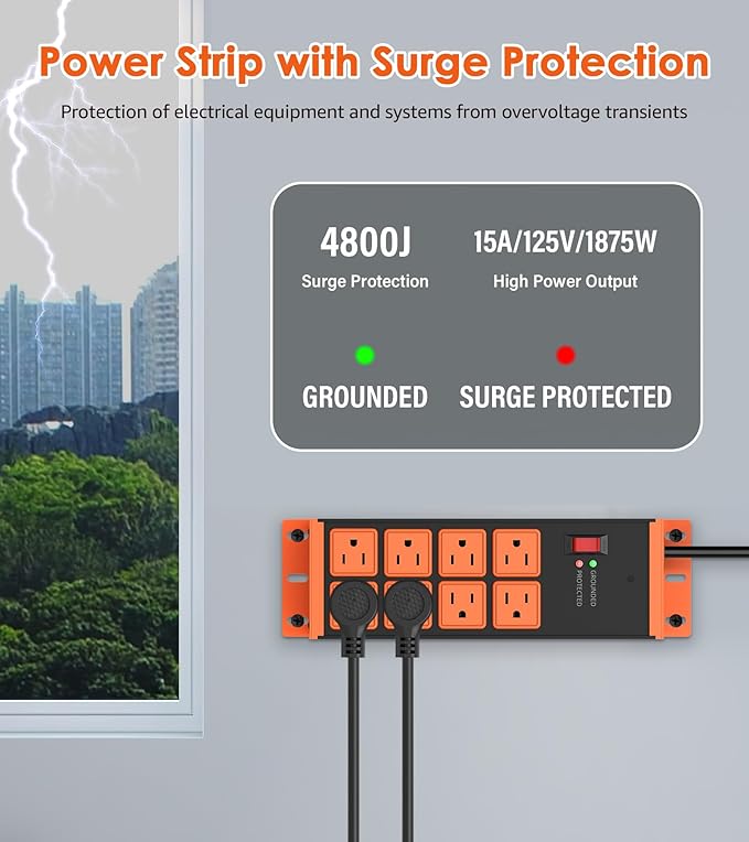 2 Pack Heavy Duty Power Strip 8 Outlets, Work Shop Outlet Strip Surge Protector - Image 4