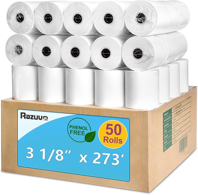 3 1/8 X 273 Thermal Receipt Paper Rolls- Fits All Pos Cash Registers, by Razuvo