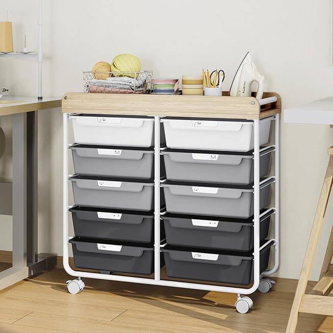 10 Drawers Rolling Cart with Wooden Tabletop, Utility Storage Cart with Wheels - Image 8
