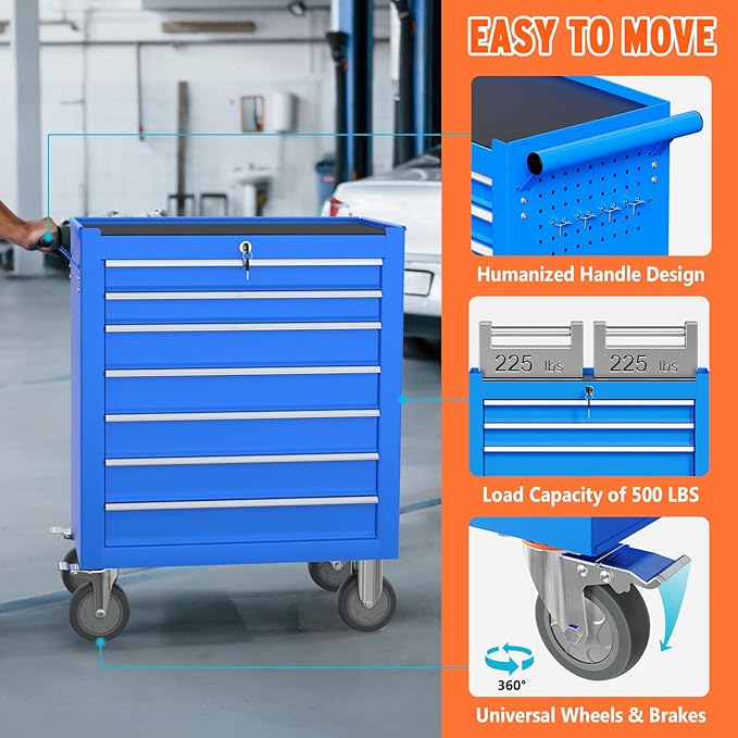 7 Drawers Large Capacity Rolling Tool Chest, Metal Tool Box - Image 6