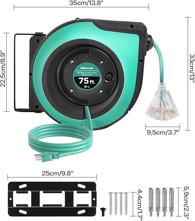 Retractable Cord Reel, 75 FT Heavy Duty Extension Cord, 14AWG/3C SJTOW - Image 9