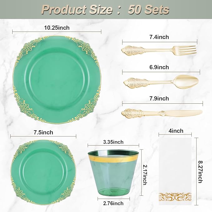 350PCS Clear Green Plastic Plates - Image 2
