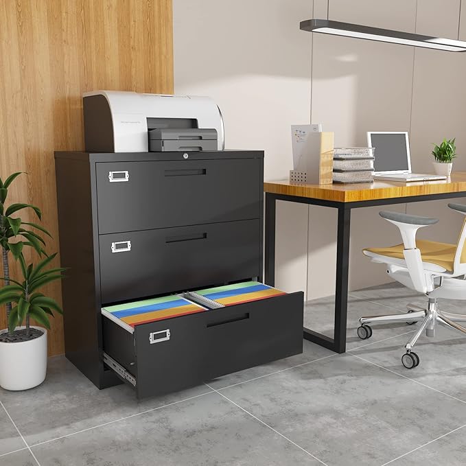 Lateral File Cabinet with Lock, Metal Filing Cabinet with 3 Drawer, Steel - Image 8