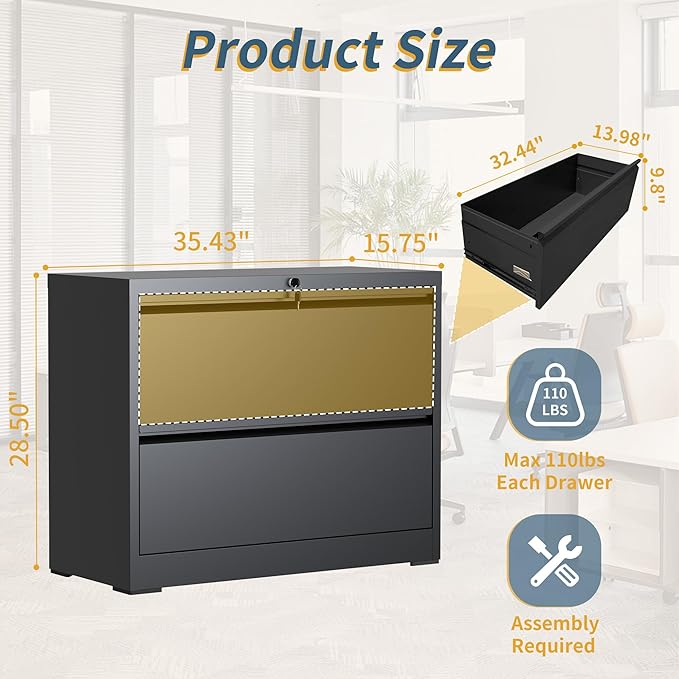 2 Drawer File Cabinet with Lock, Lateral Filing Cabinets, Metal Storage Filing - Image 3