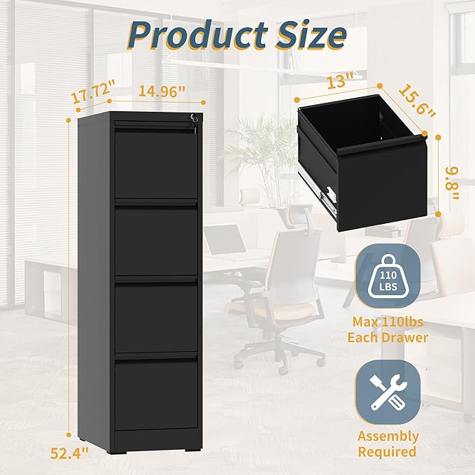 4 Drawer File Cabinet with Lock, Vertical Filing Cabinets - Image 3