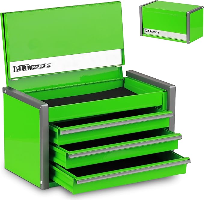 P.I.T. Mini Green Tool Box, Portable 3 Drawer Steel Stackable Tool Box by PIT