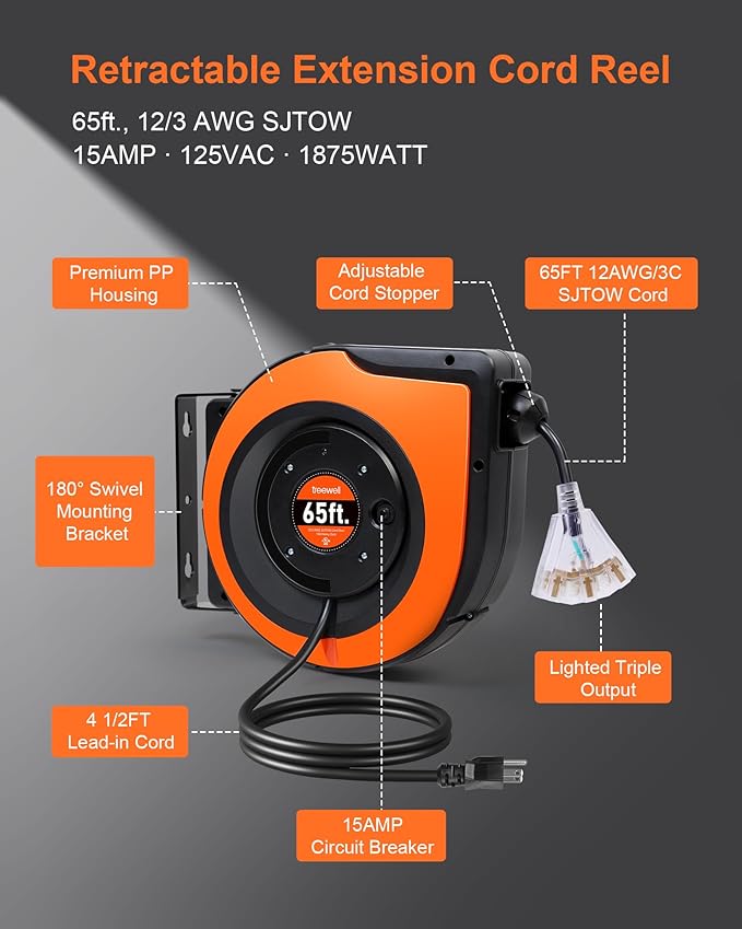 65FT Retractable Extension Cord Reel, 12AWG/3C SJTOW Heavy Duty Power Cord - Image 2