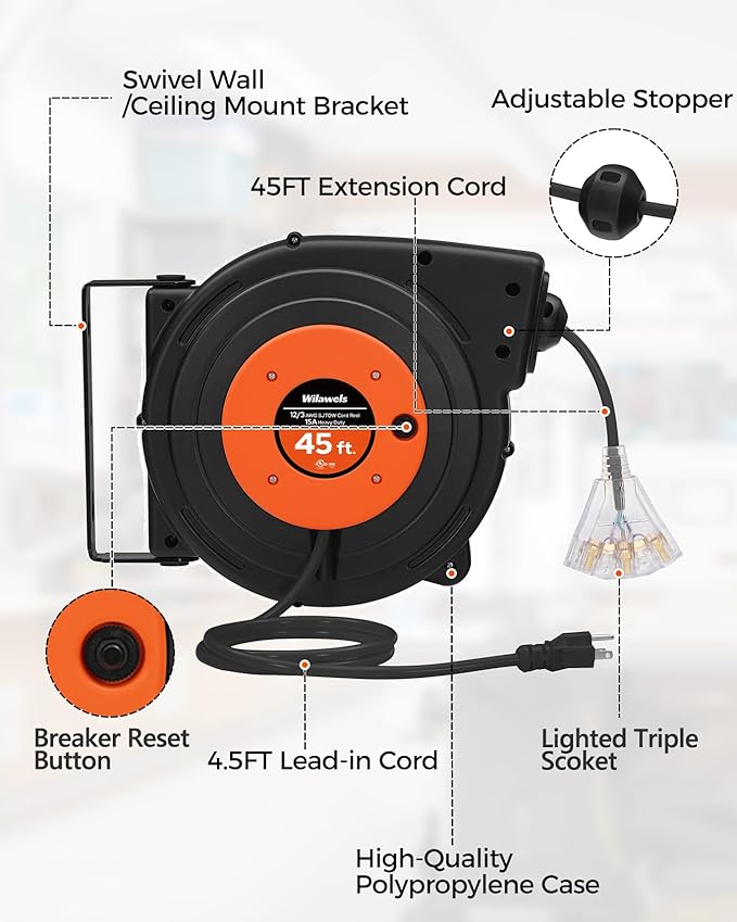 Retractable Extension Cord Reel, 45 FT Heavy Duty Power Cord, 12AWG/3C SJTOW - Image 8