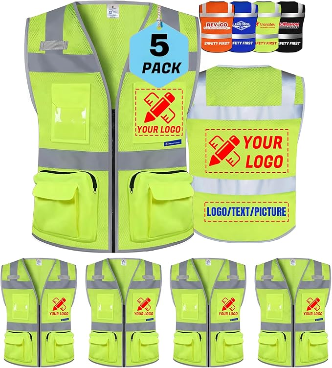 BeautyWill Custom Logo 5 Pack Safety Vest Mesh High Visibility Reflective Vest by BeautyWill