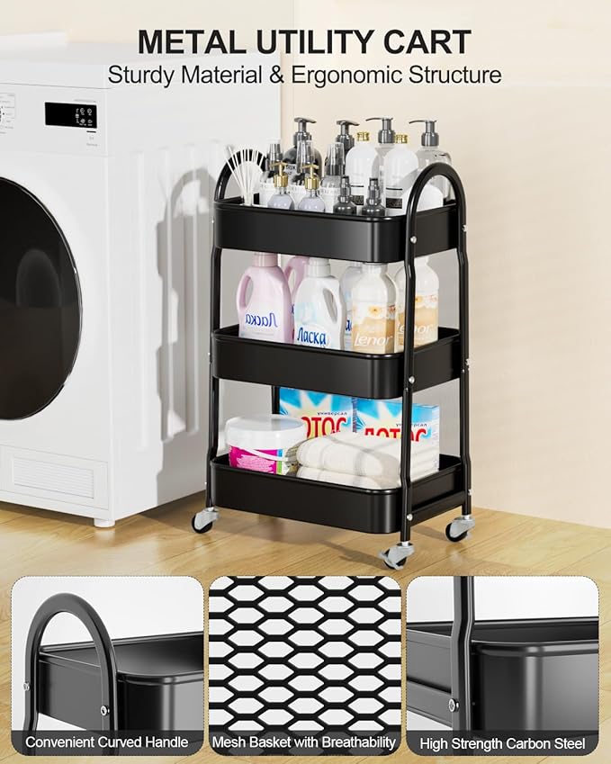 EAGMAK 3 Tier Rolling Cart Under Desk, Metal Storage Cart - Image 6
