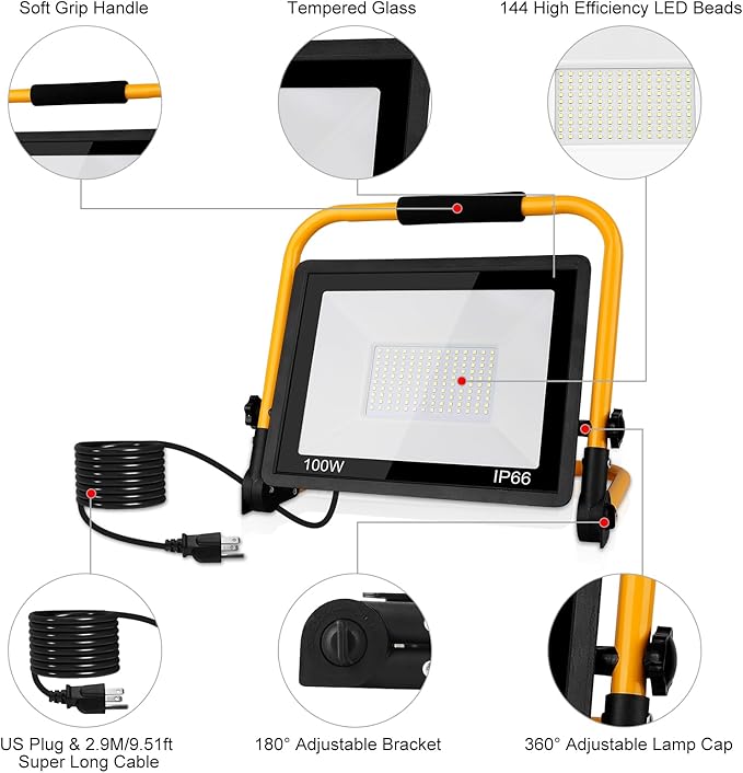 T-SUN 100W LED Work Light, Outdoor Waterproof Flood Light, Adjustable Portable - Image 3