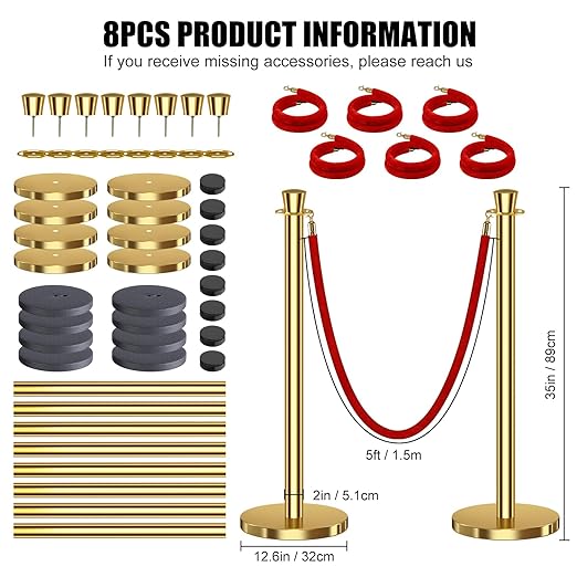 kaiyomi 8Pcs Stanchions with Red Velvet Ropes Set, 5 Feet Velvet Ropes and - Image 2