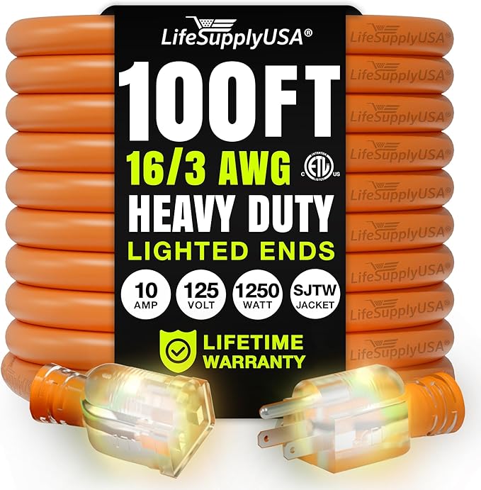 100ft Outdoor/Indoor Extension Cord 16/3 Gauge Heavy Duty 3 Prong SJTW by LifeSupplyUSA