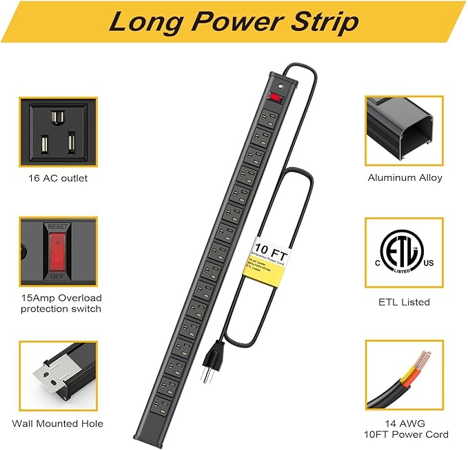 10-Pack Long Surge Protector Power Strip, 16 Outlet Heavy Duty Power Strip - Image 5