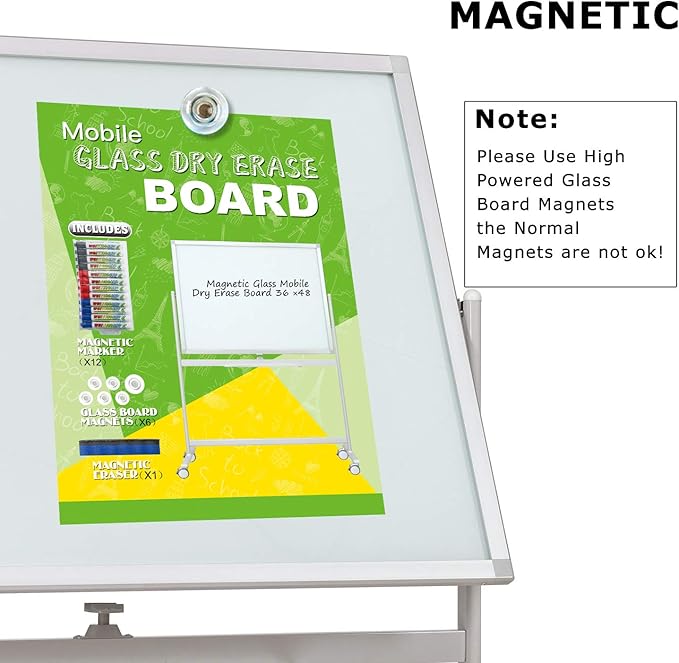 Mobile Glass Whiteboard, Magnetic Double-Sided Easel Style Glass Dry Erase - Image 6