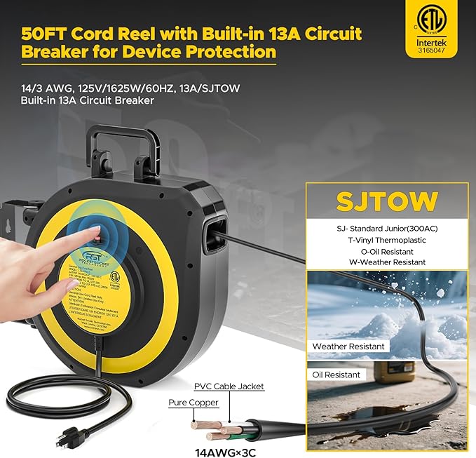 CRST 50 FT Retractable Extension Cord Reel, 14AWG/3C SJTOW Heavy Duty Power Cord - Image 2
