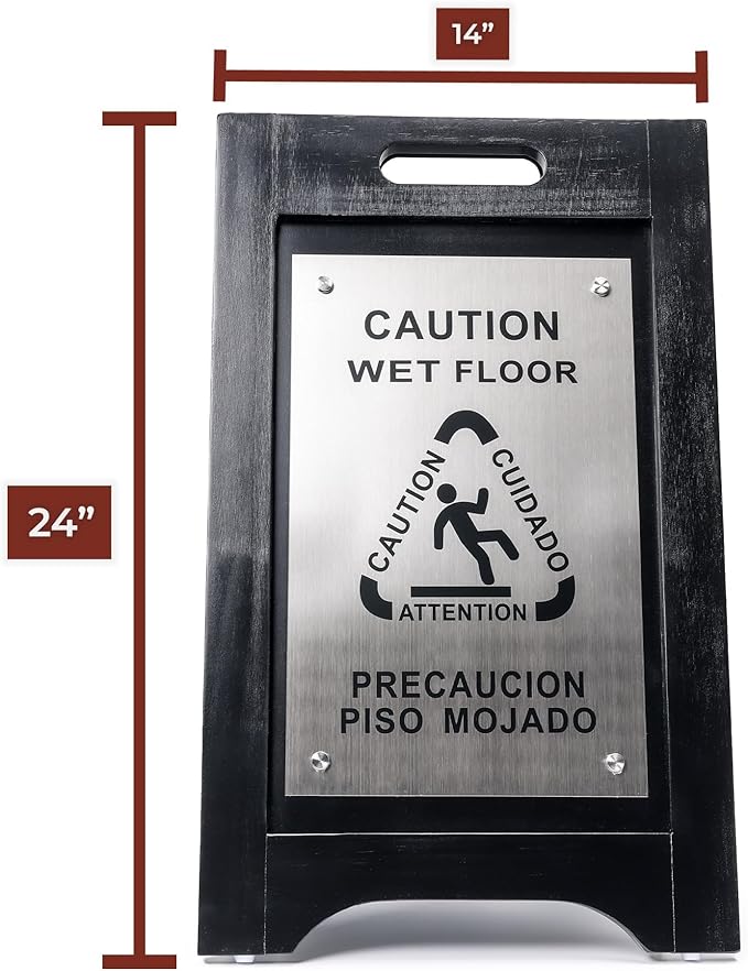 Premium Wooden Caution Wet Floor Sign – Bilingual w/ Non-Skid Plastic Feet – - Image 3