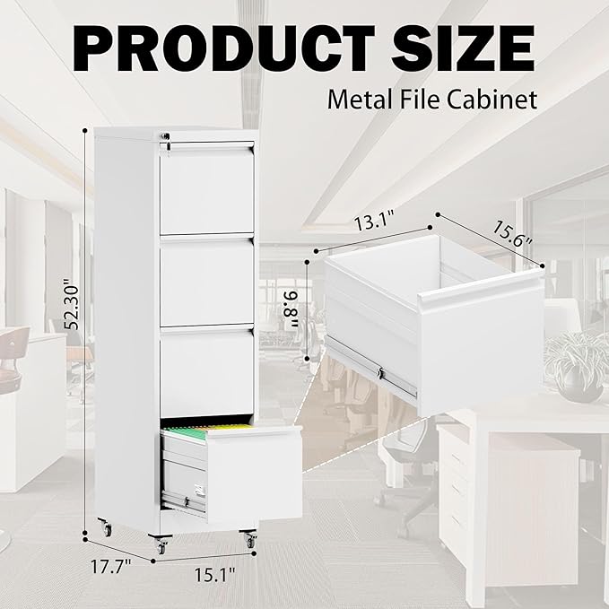 File Cabinet with Lock, 4 Drawers Filing Cabient with Wheel, Steel Vertical - Image 3