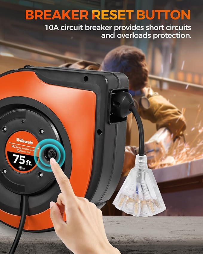 Retractable Cord Reel, 75 FT Heavy Duty Extension Cord, 14AWG/3C SJTOW - Image 6