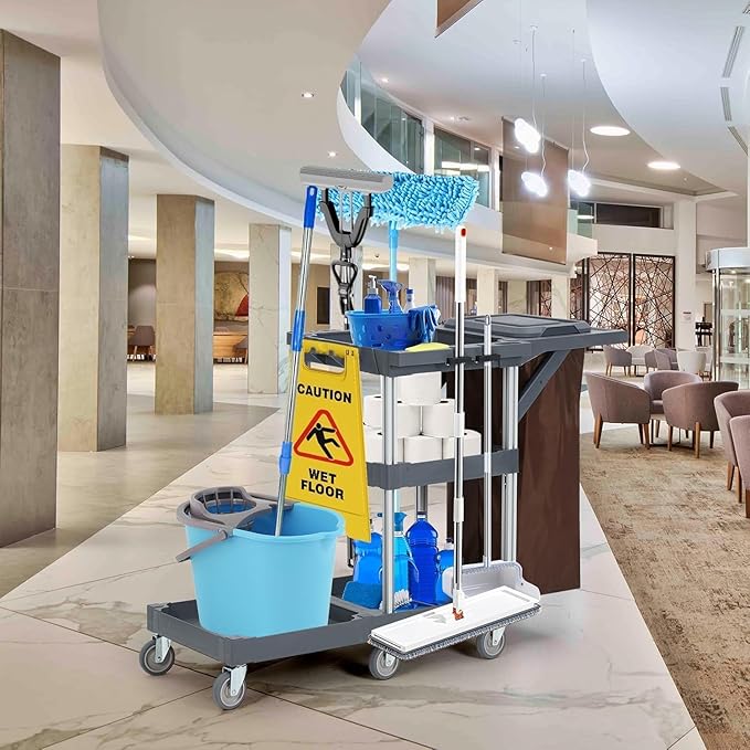 Commercial Cleaning Cart with Wheels, 3-Tier Janitorial Cart with Trash Bag and - Image 5