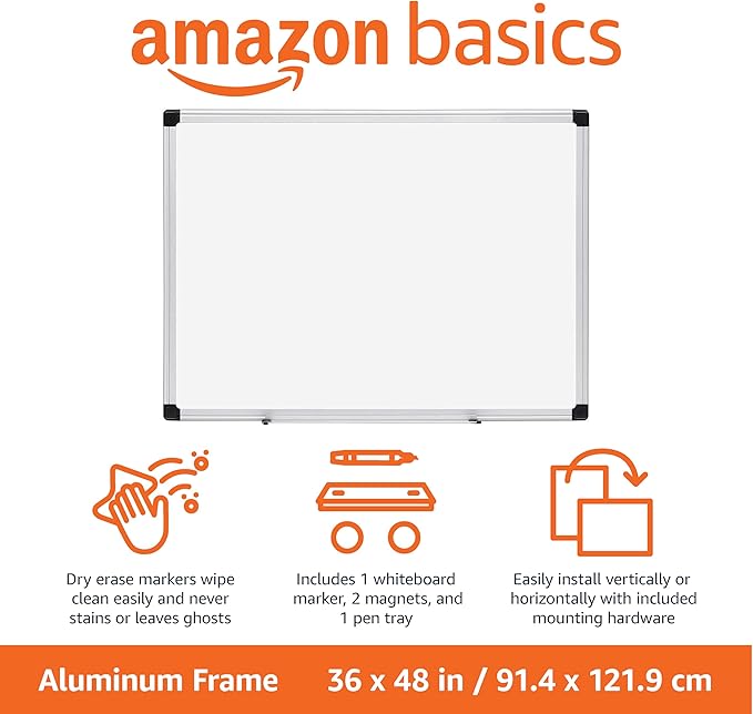 Amazon Basics Magnetic Whiteboard/Dry Erase Board, 36 x 48-inch, Aluminum Frame - Image 2