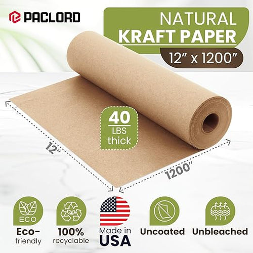 12" x 1200" Natural Kraft Paper Roll – USA Made Non-Toxic, 100% Recyclable - Image 2