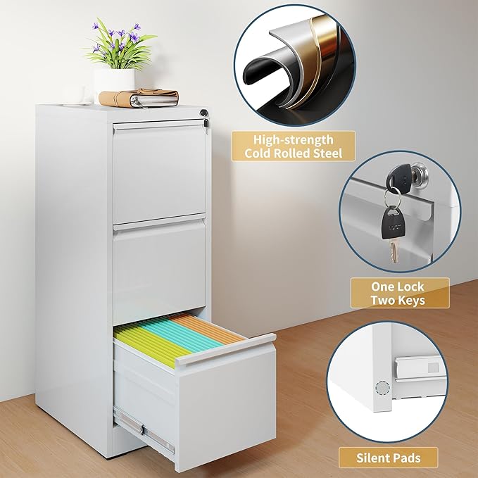 3 Drawer File Cabinet with Lock, Vertical Filing Cabinets - Image 4