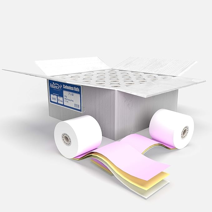 Alliance, Receipt Rolls, 3 Ply White/Canary/Pink, 50 Rolls Per Carton by Alliance