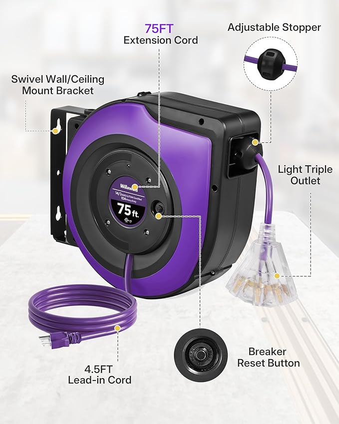 Extension Cord Reel, 75 FT Retractable Extension Cord Reel, 14AWG/3C SJTOW - Image 2