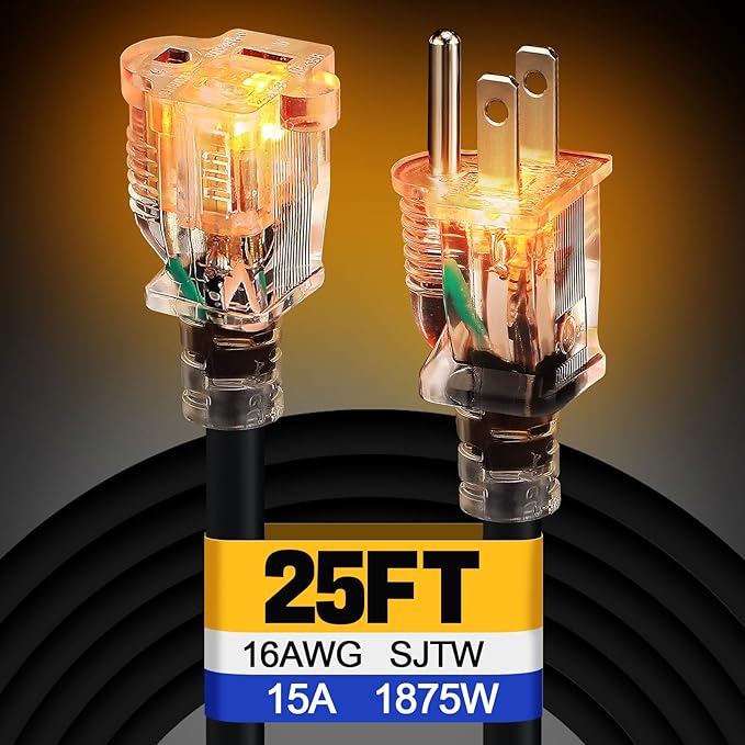 Lighted End Heavy Duty Outdoor Extension Cord Waterproof -16AWG, 3 Prong by Alphatool