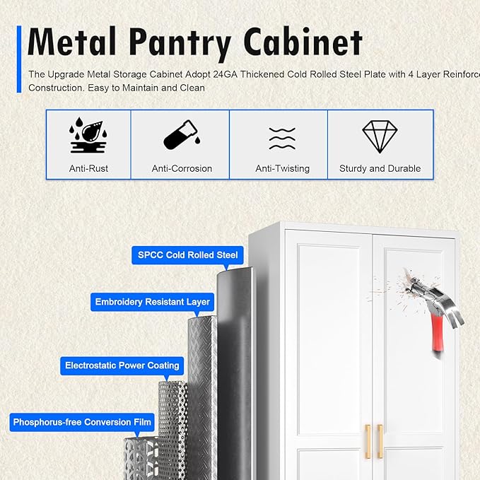 White Kitchen Pantry Cabinet, 71 Inch Tall Metal Storage Cabinet - Image 4