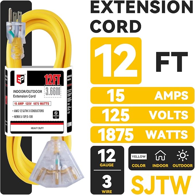 EP 12 Ft 12 Gauge Heavy Duty Extension Cord, 15A 125V 1875W, 3 Outlet - Image 2