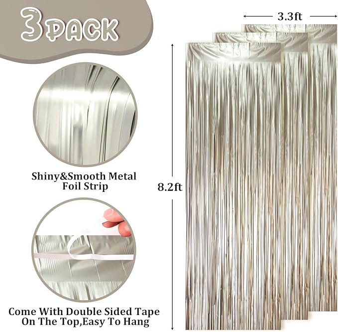 3 Pack 3.3 x 8.2 ft Matte Champagne Foil Fringe Backdrop Curtains, Fringe - Image 2