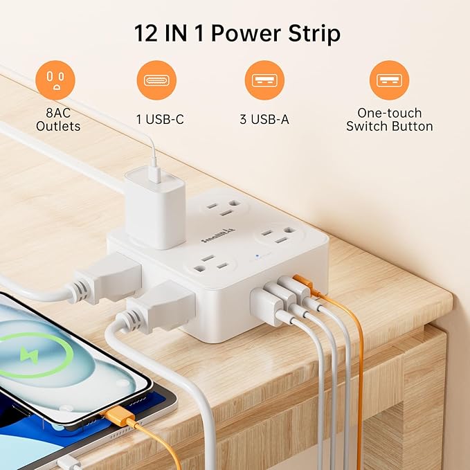 6.5Ft Power Strip with Surge Protector, 8 Outlets 4 USB Ports Extension Cord - Image 2
