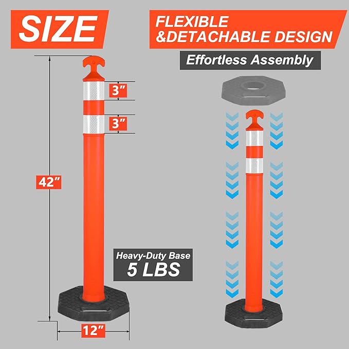 42" Traffic Delineator Posts, 6 Pack Orange Safety Cones - Image 4