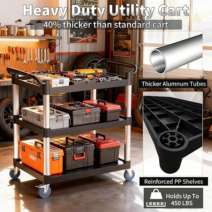 Utility Cart with Wheels, 3 Tier Rolling Cart with Tangle-Free Wheels, Heavy - Image 4