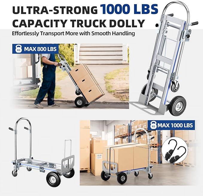 Aluminum Hand Truck, 3 in 1 Convertible Hand Truck Dolly 1000 Lbs Capacity - Image 2