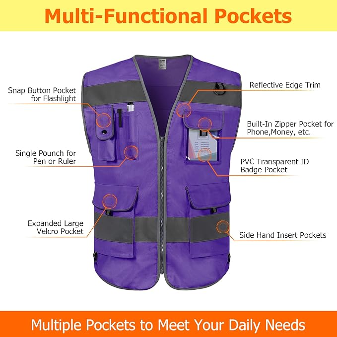 TCCFCCT Safety Vest for Men Women 9 Pockets High Visibility Reflective Safety - Image 3