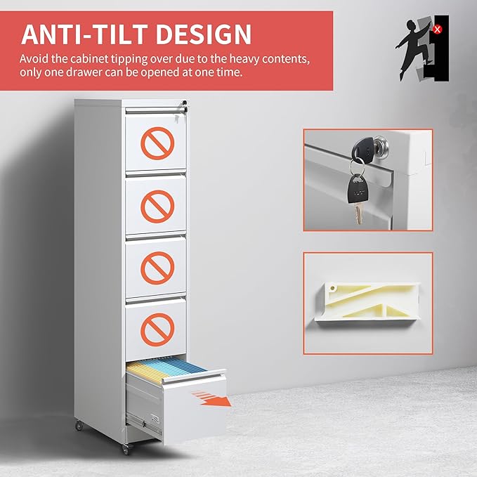5 Drawer File Cabinet with Wheels, Metal Mobile Filing Cabinets with Lock - Image 6