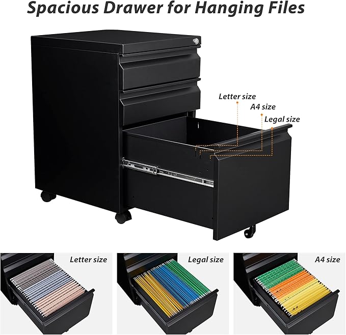 3 Drawer File Cabinet with Wheels, Metal Filing Cabinet with Lock, Office - Image 7