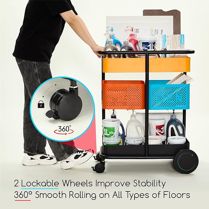 MEEDEN 3 Tier Rolling Utility Cart: Metal Heavy Duty Storage Cart Organizer - Image 4