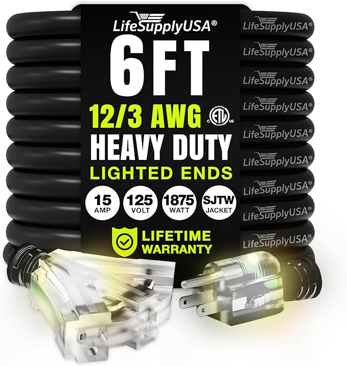 6ft Outdoor/Indoor Extension Cord 3-Outlet 12/3 Gauge Extra Heavy Duty ETL by LifeSupplyUSA