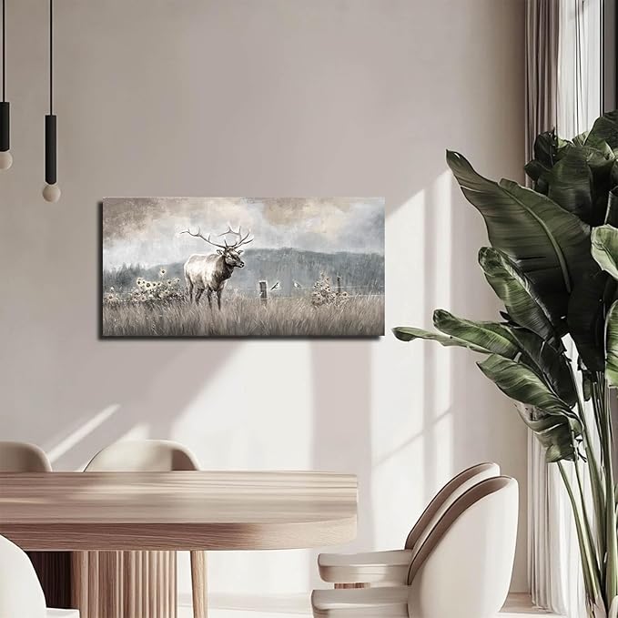 ZHENGYIN Elk & Wildflowers Canvas Wall Art, Western Deer Wildlife Meadow - Image 5