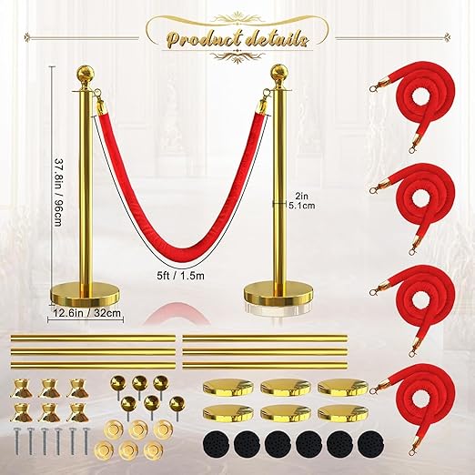 6Pcs Gold Stanchion Post Queue Velvet Ropes and Posts - Image 2