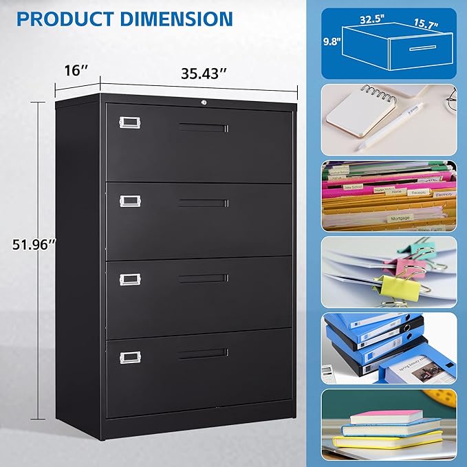 4 Drawer Filing Cabinet with Lock Metal Lateral File Cabinet Office Home Steel - Image 3