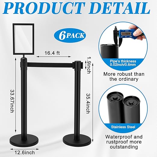 Geelin 6 Pack 16 ft Heavy Duty Crowd Control Stanchions Stainless Steel - Image 2