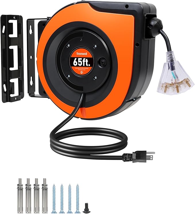65FT Retractable Extension Cord Reel, 12AWG/3C SJTOW Heavy Duty Power Cord by treewell