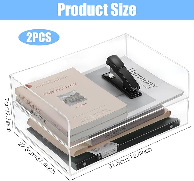 2 Pack Stackable Acrylic Paper Organizer Tray Clear Desk Letter Tray - Image 2