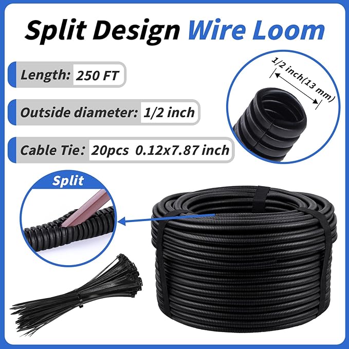 250FT Split Wire Loom Tubing, 1/2 Inch Wire Protector Tubing, Automotive Wire - Image 2