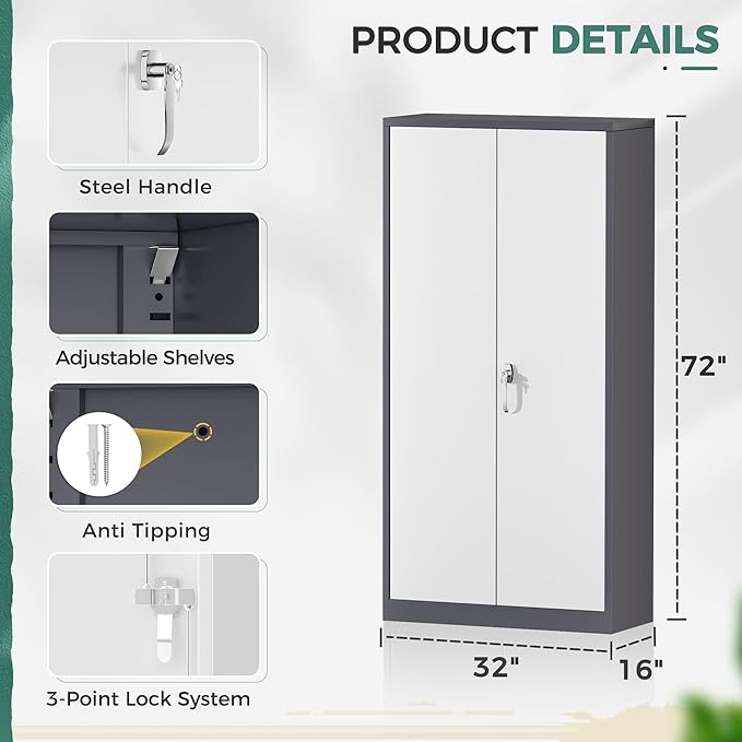 Greenvelly Metal Garage Storage Cabinet, Tall Steel Storage Cabinets - Image 4